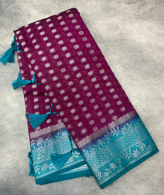 Crepe Saree Magenta Colour with Sky Blue Border