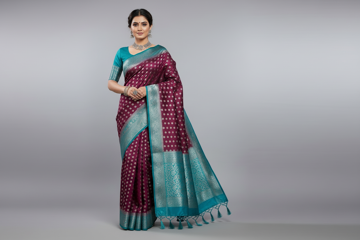 Crepe Saree Magenta Colour with Sky Blue Border