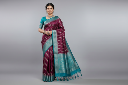 Crepe Saree Magenta Colour with Sky Blue Border