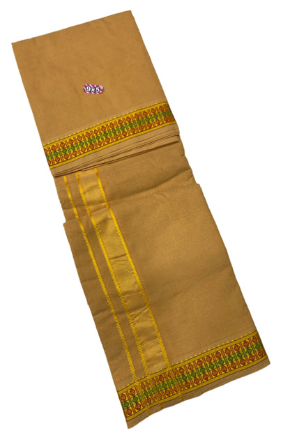 Mustard Yellow Dhoti with Green & Maroon Diamond Border