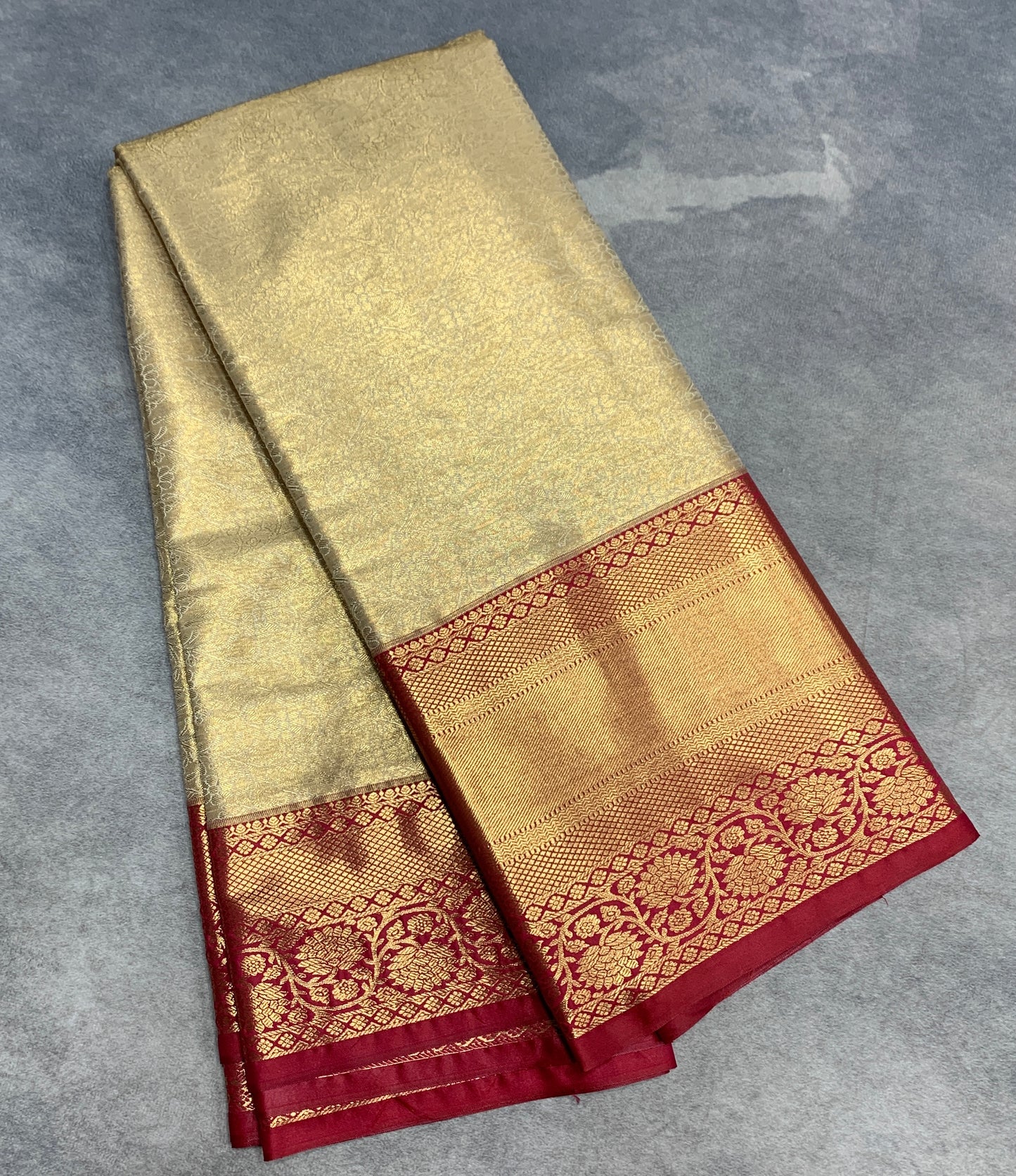Fancy Tissue Saree Golden Colour with Red Colour Floral Design Border