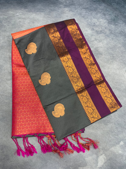 Soft Vegan Silk Saree Gray Colour with Rettai Pettu Border