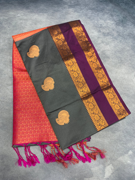 Soft Vegan Silk Saree Gray Colour with Rettai Pettu Border