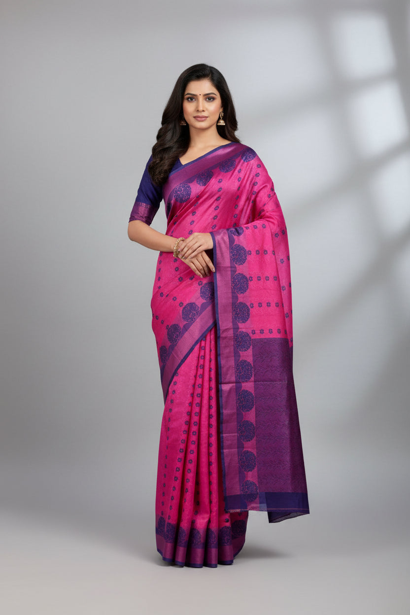 Pink Colour silk cotton Saree with Blue Border