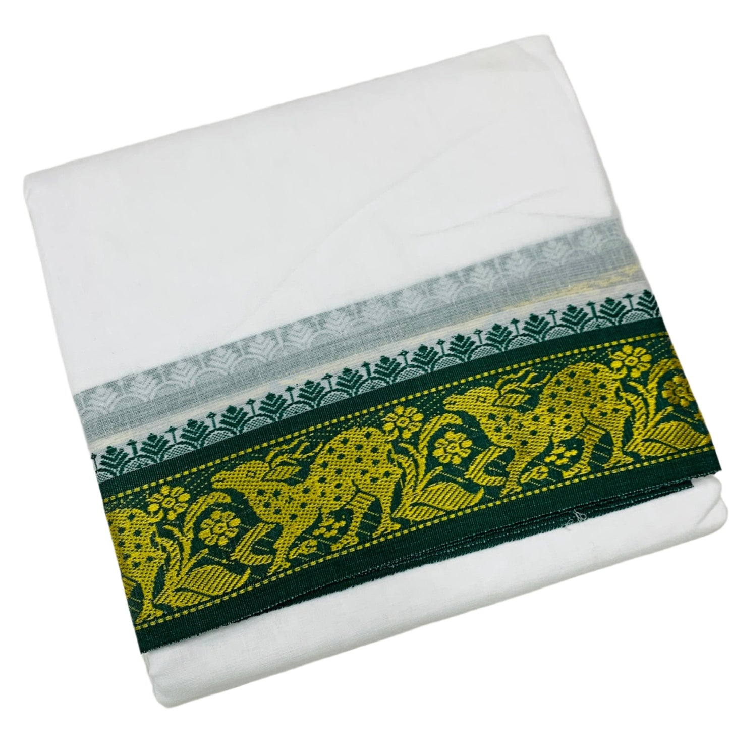 9X5 Cotton Dhoti White Colour with Green and Brown Border