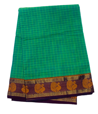 9 yards Cotton Saree Rama Green with Purple Border