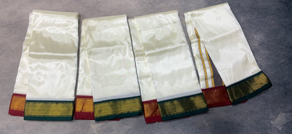 Art Silk Pooja Towel Cream with Small Ganga Jamuna(Green/ Maroon) Border - Pack of 4