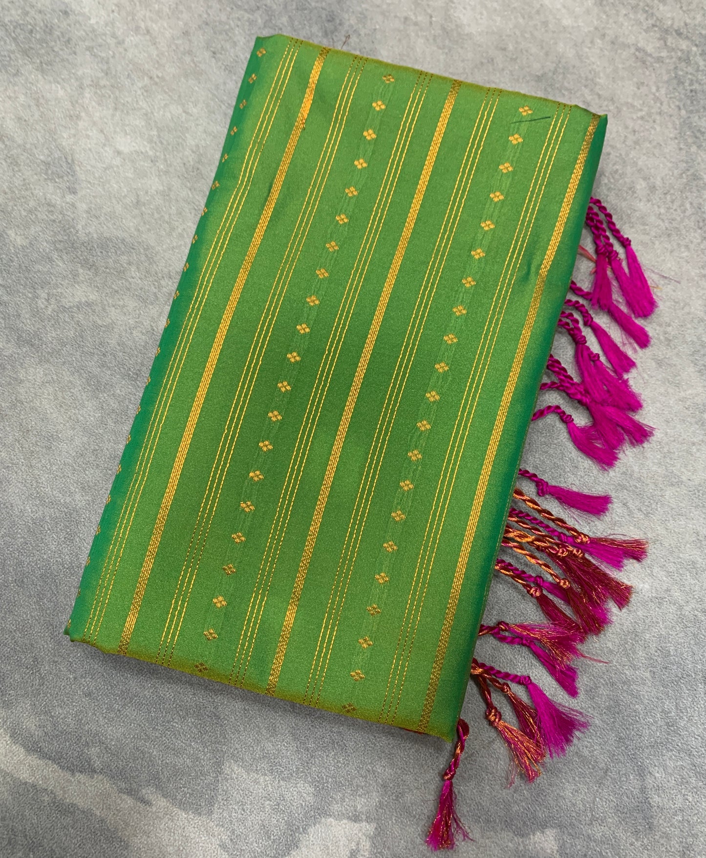 Soft Vegan Silk Saree Light Green Colour with Pink and Copper Border