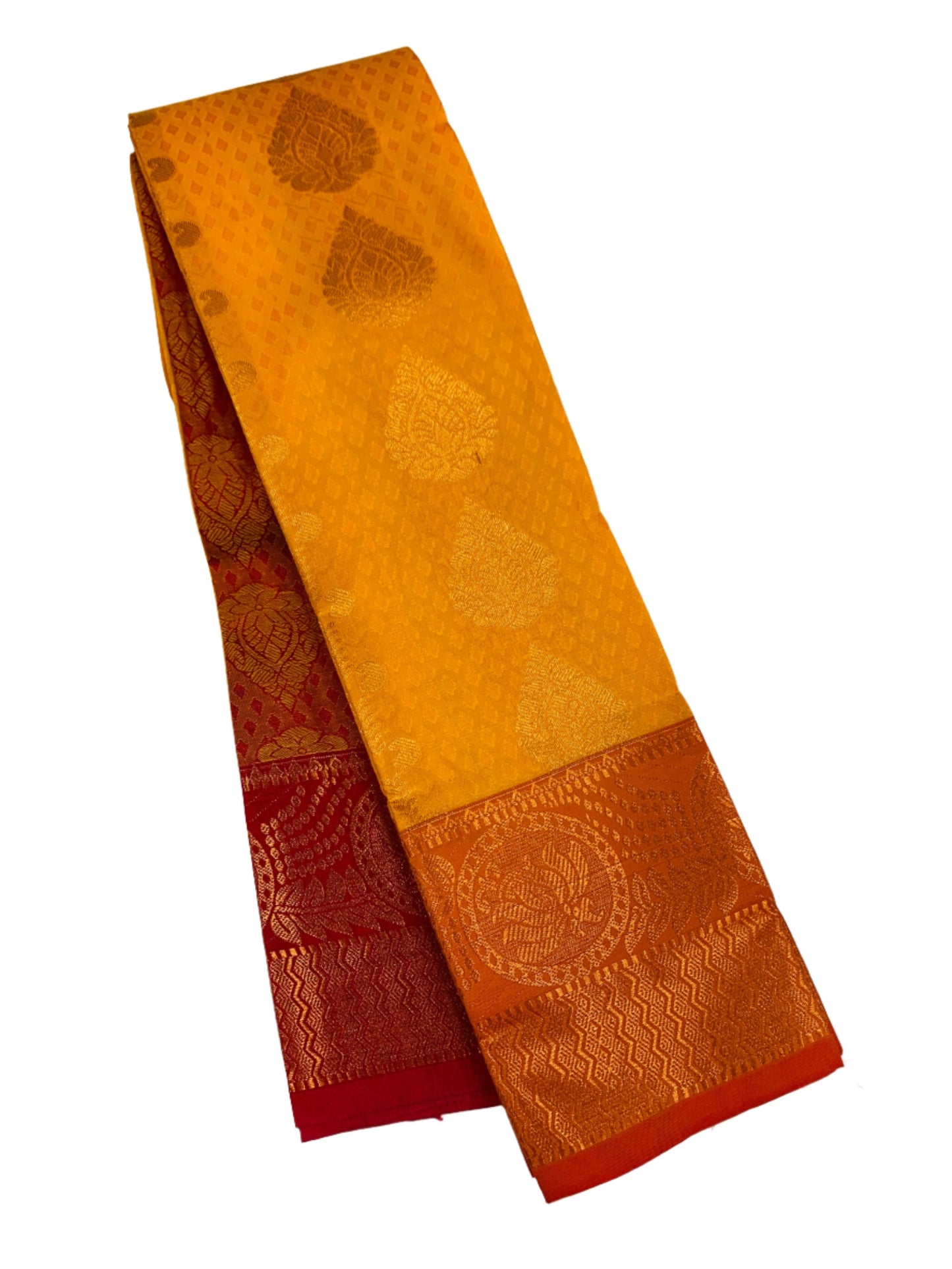 Vegan Silk Saree Golden Yellow Colour with Copper Border with Flower Design