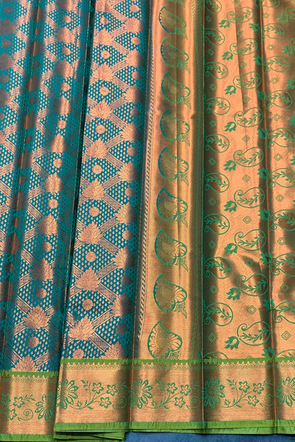 Vegan Silk Saree Rama Green Colour with Light Green and Copper Border