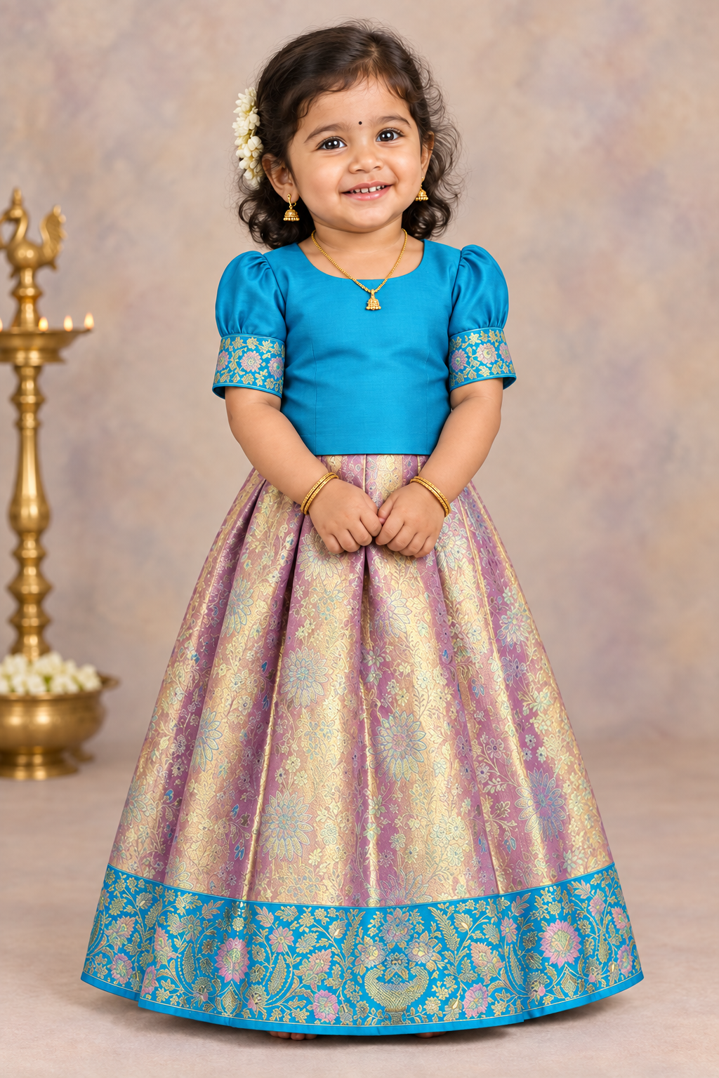 Baby Pink Shade Pure Kanchipuram Kids Pattu Pavadai with Contrast Border for Newborn to 2 Years