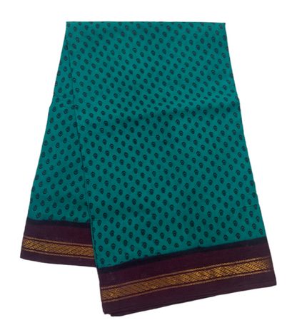 9 Yards Cotton Saree Rama Green Colour with Brown Border