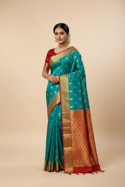 Pure Kanchipuram Silk Saree Sapphire Colour with Red Border