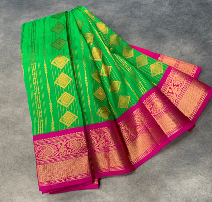Vegan Silk Saree Light Green Colour Saree with Pink Colour Contrast Border