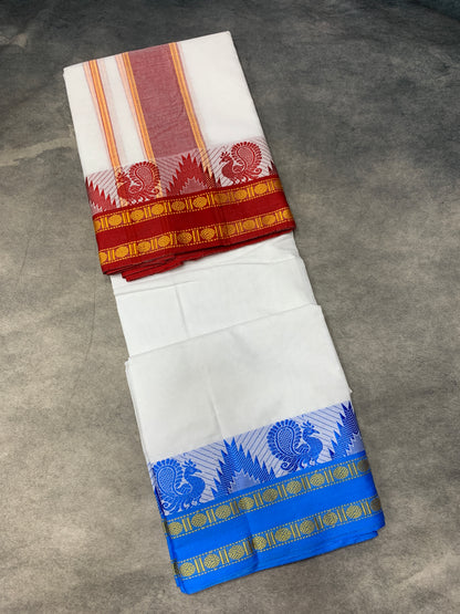 9X5 Cotton Dhoti White Colour with Red and Blue Border