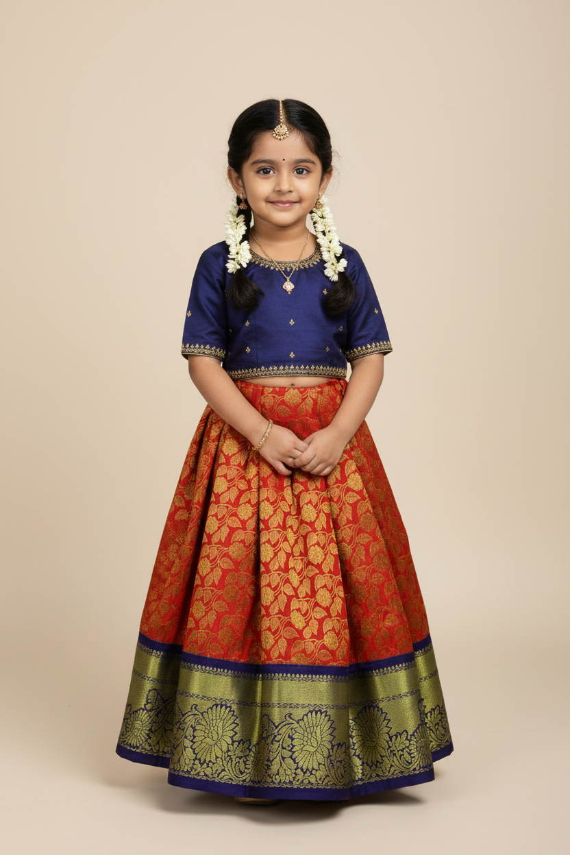 Red Shade Vegan Silk Kids Pattu Pavadai with Contrast border for age 2 to 5