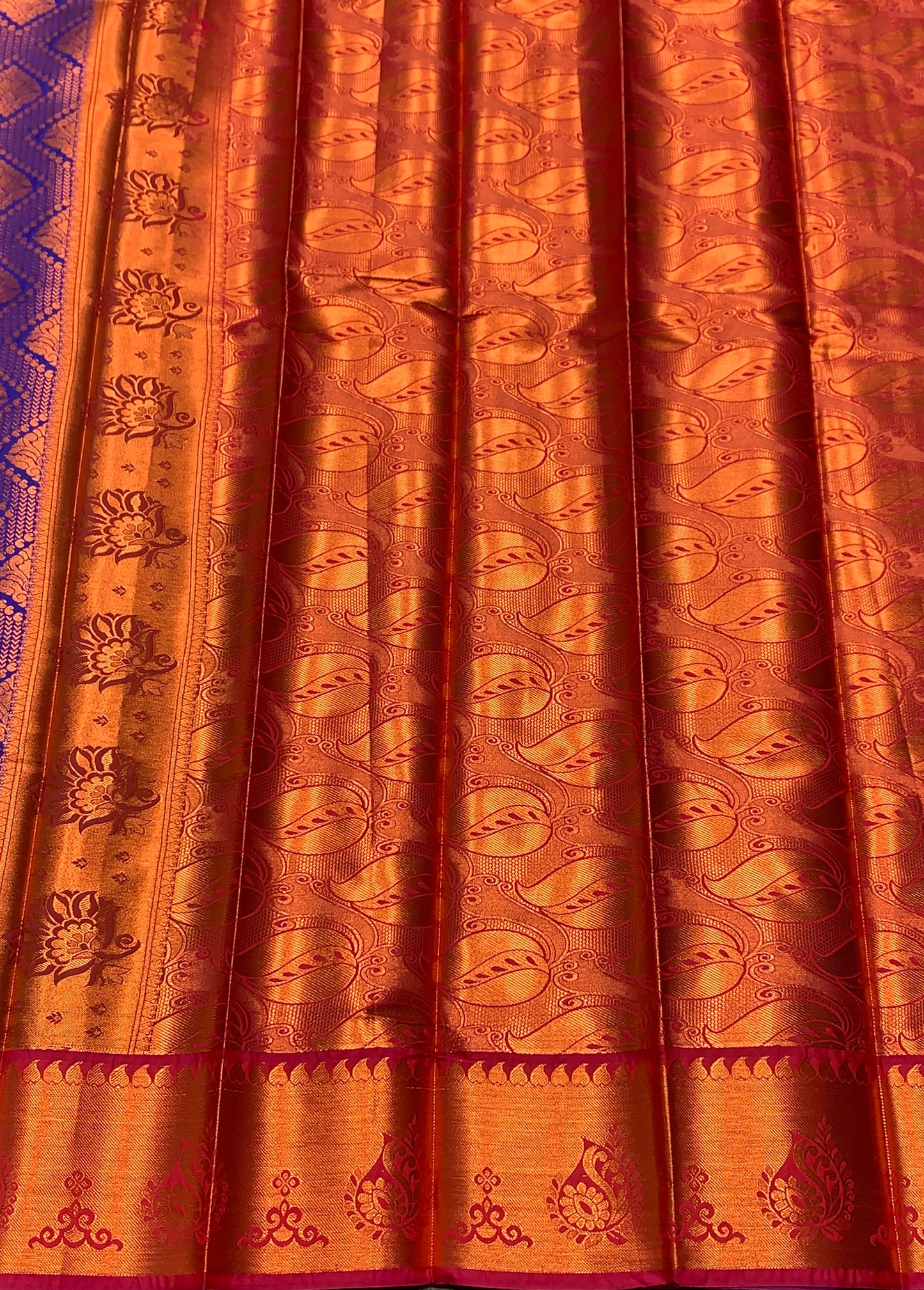 Vegan Silk Saree Blue Colour with Magenta and Copper Border