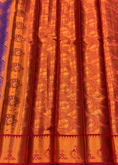 Vegan Silk Saree Blue Colour with Magenta and Copper Border