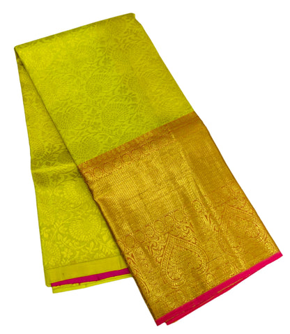 Lemon Yellow Shade Pure Kanchipuram Kids Pattu Pavadai with Contrast Border for age 5 to 10