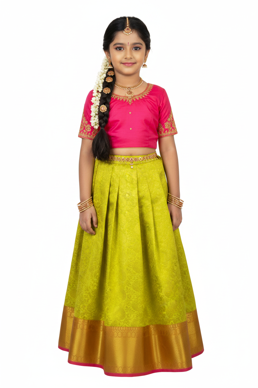 Lemon Yellow Shade Pure Kanchipuram Kids Pattu Pavadai with Contrast Border for age 5 to 10