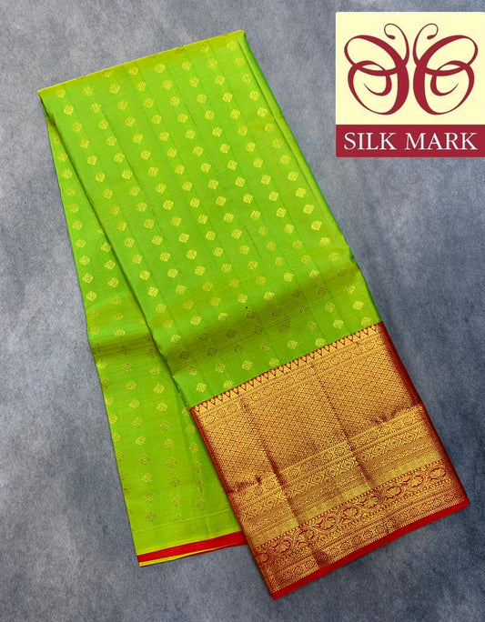 Parrot Green Shade Pure Kanchipuram Kids Pattu Pavadai with Contrast Border for Age Above 10 Years