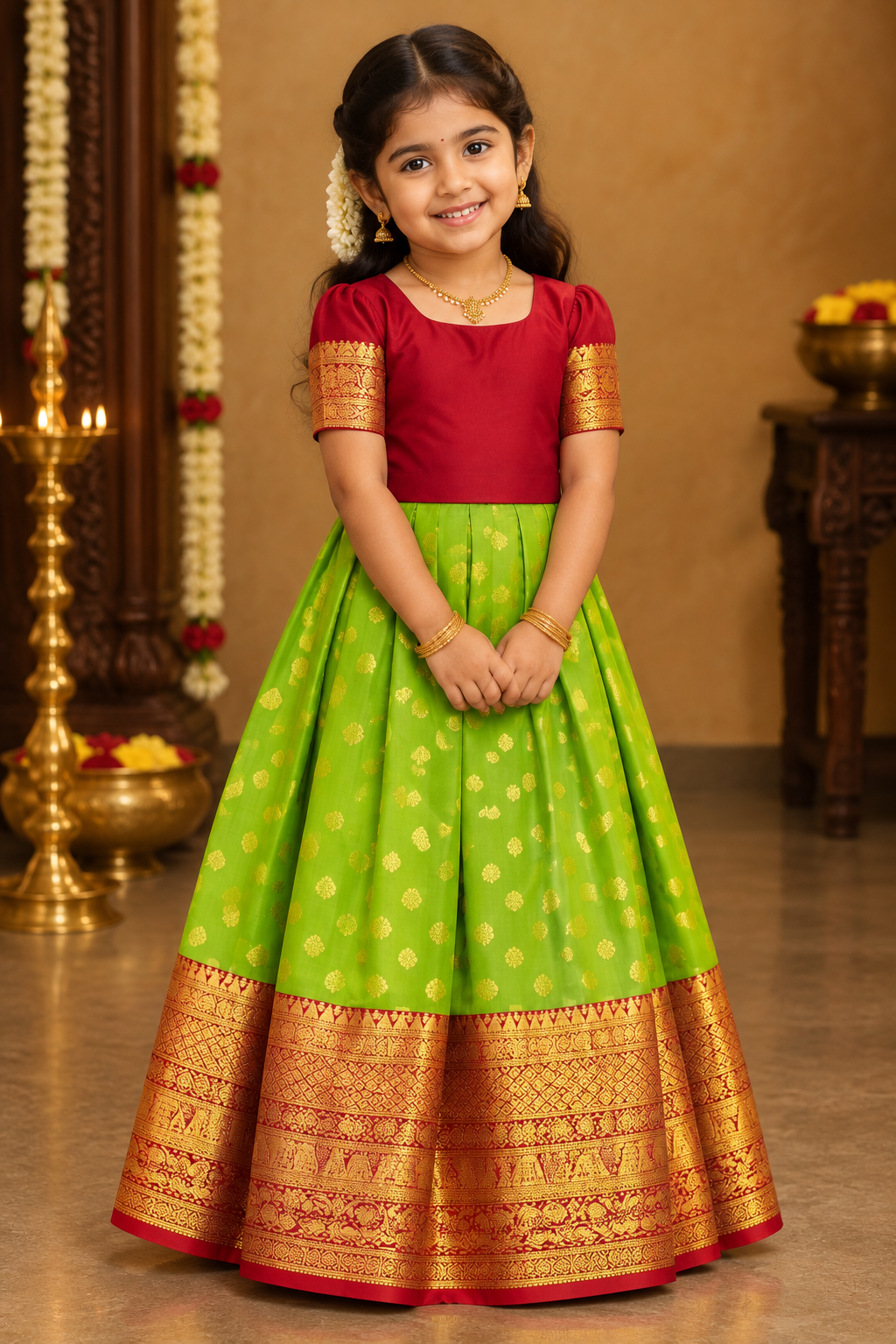 Parrot Green Shade Pure Kanchipuram Kids Pattu Pavadai with Contrast Border for Age Above 10 Years