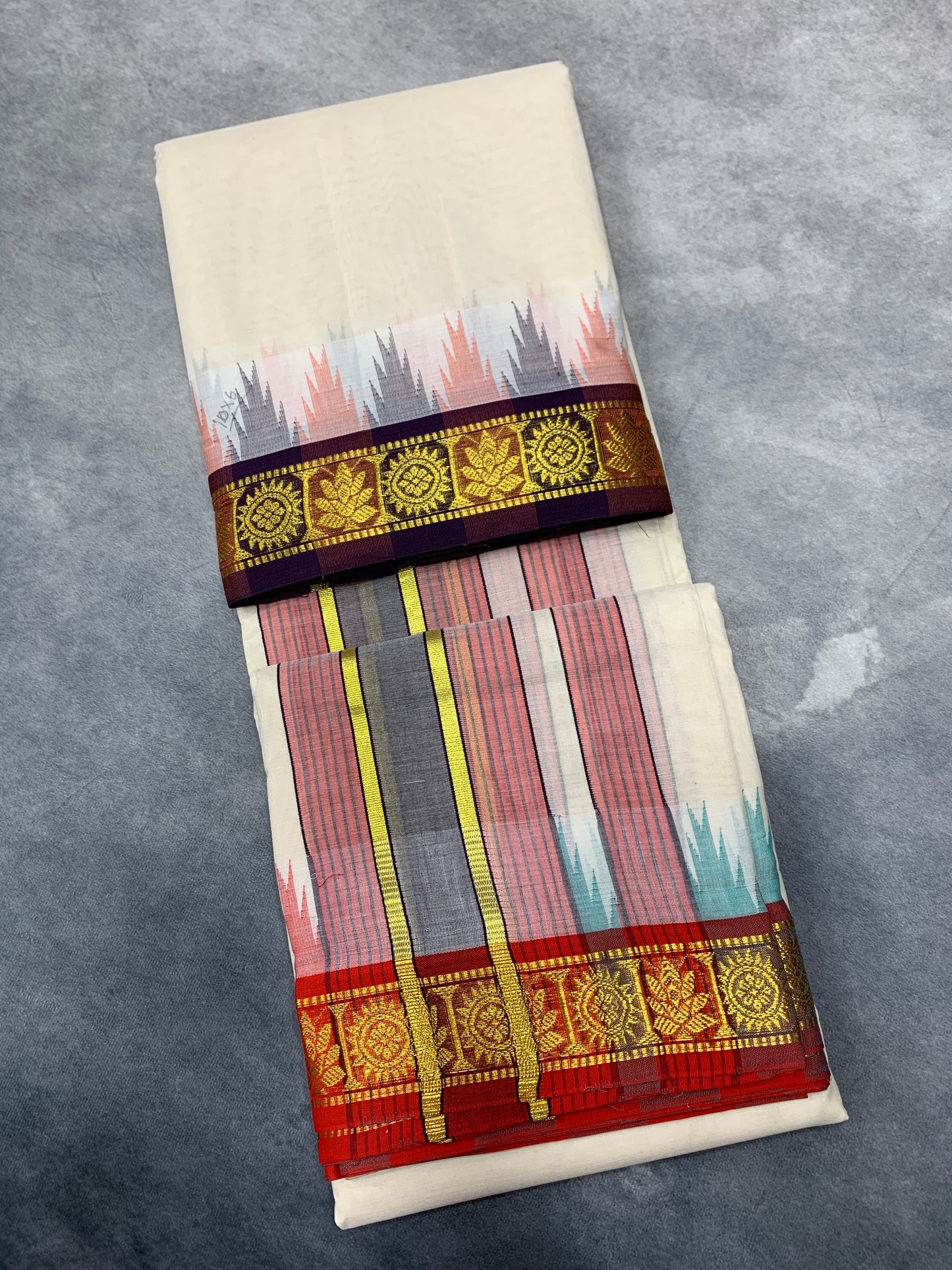 10X6 Korvai Cotton Dhoti Half White Colour with Multi Colour Border
