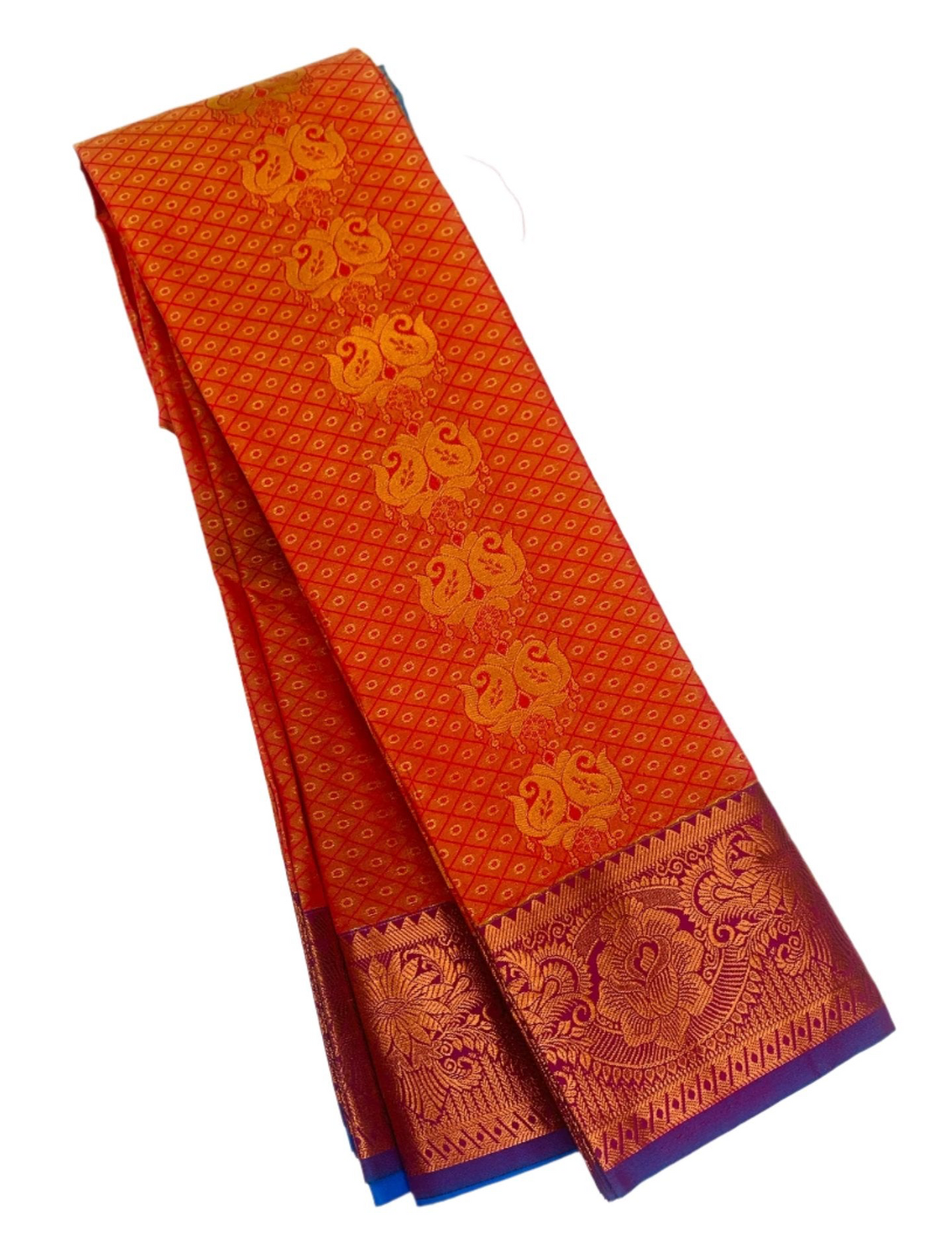 Vegan Silk Saree Brownish Orange shade with Copper with flower design.