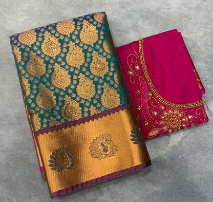 Bridal Vegan Silk Saree Peacock Green shade with Pink Border with Unstitched blouse in Aari work