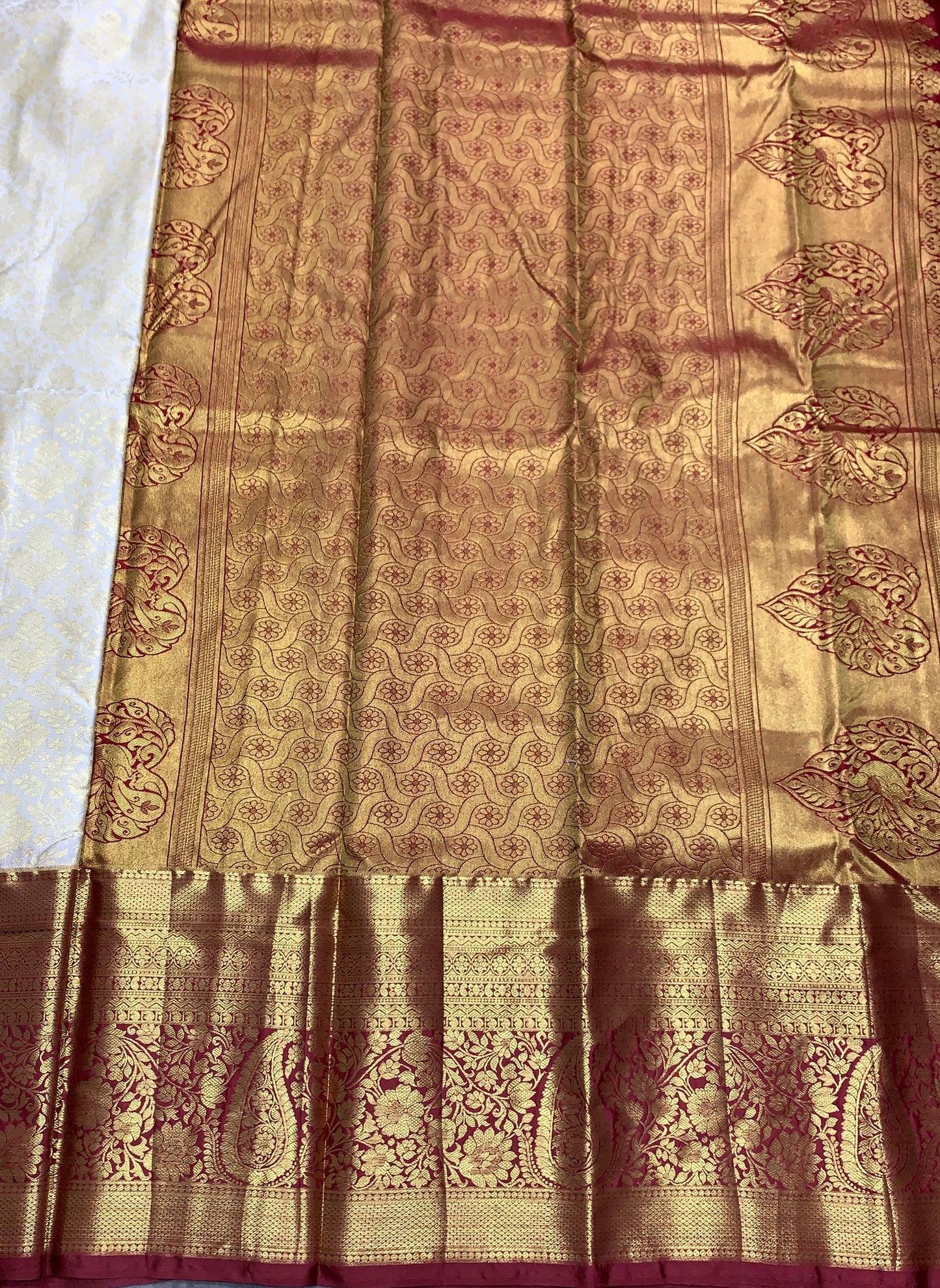 Ivory Colour Soft Kanchi Tissue Pattu Saree with Maroon border
