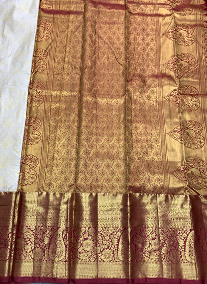 Ivory Colour Soft Kanchi Tissue Pattu Saree with Maroon border