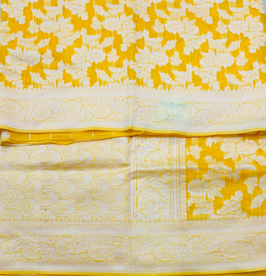 Banaras Katan Saree Yellow Colour with Katan Work Border