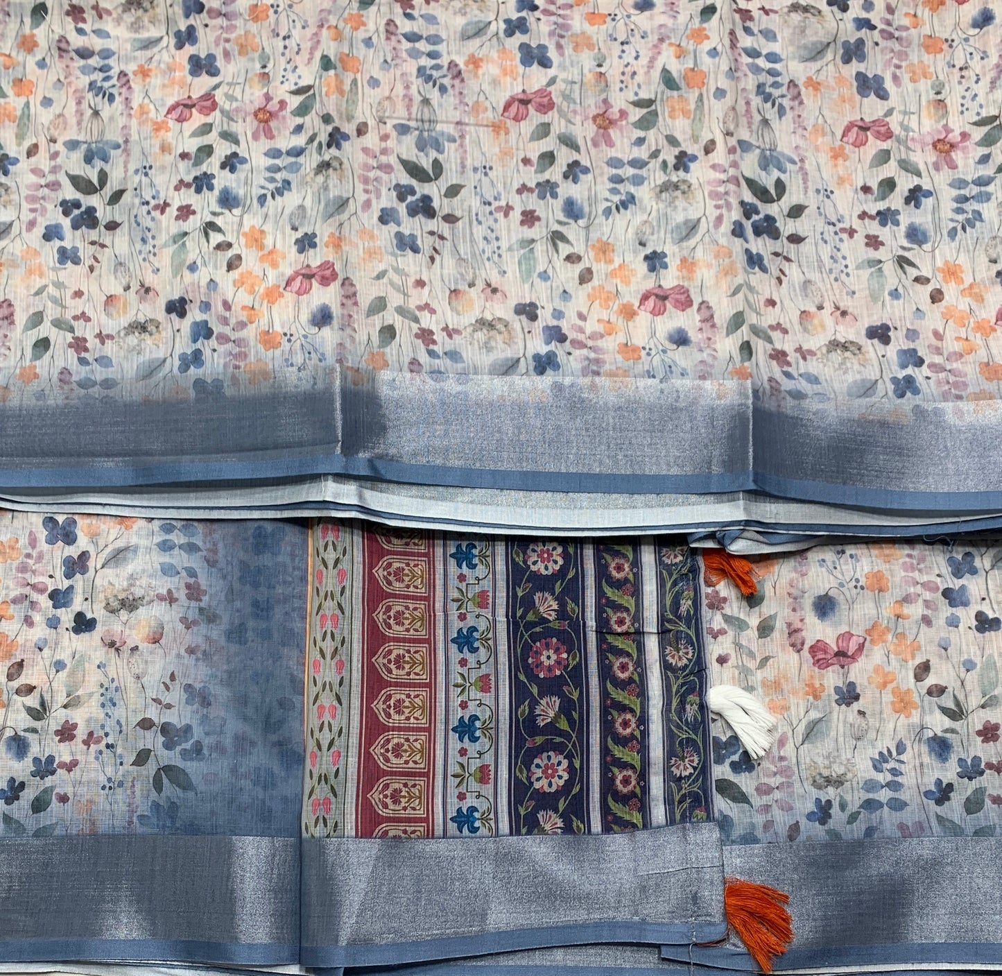 Jute Cotton Saree Ice Blue Colour with Thread Border