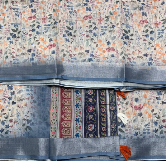 Jute Cotton Saree Ice Blue Colour with Thread Border