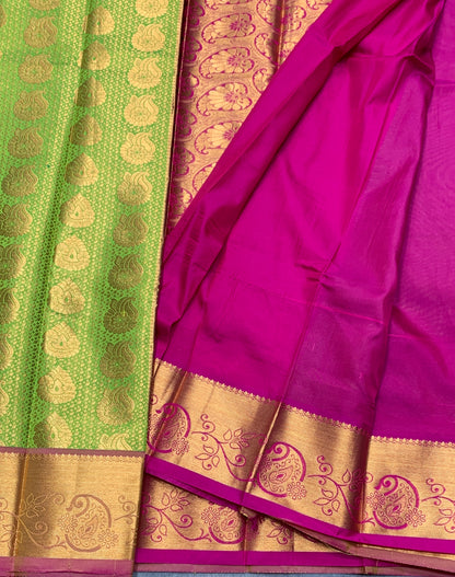 Vegan Silk Saree Apple Green Colour with Pink and Copper Border