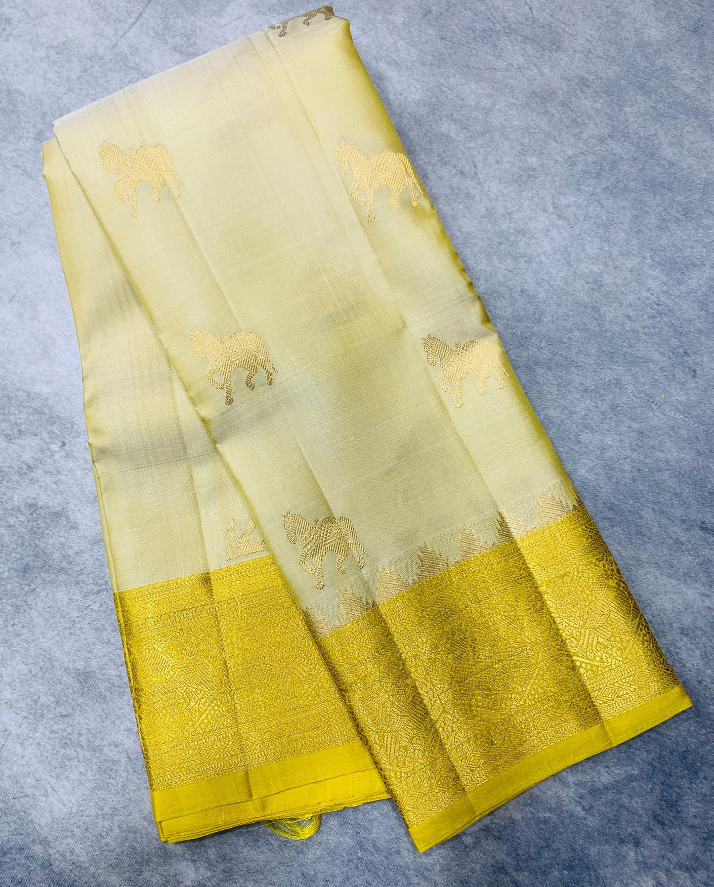 Pure Kanchipuram Silk Saree Ivory Colour with Light Yellow Border