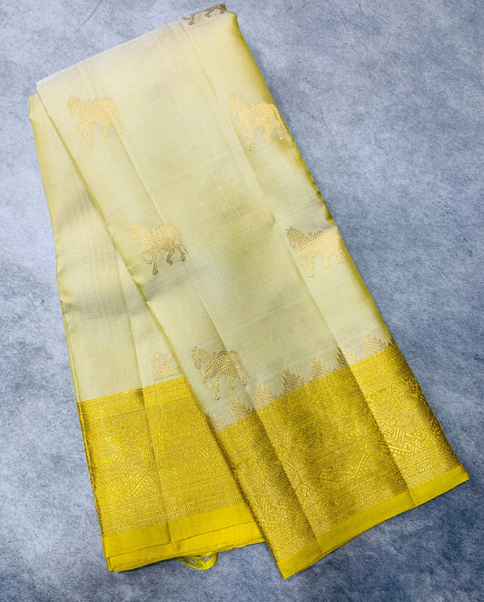 Pure Kanchipuram Silk Saree Ivory Colour with Light Yellow Border
