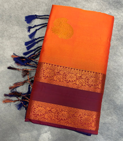 Soft Vegan Silk Saree Orange Colour with Rettai Pettu Border