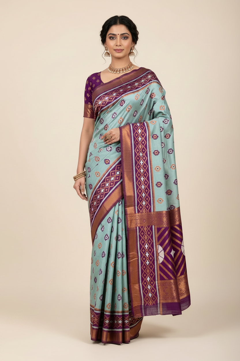 Pochampalli Semi Silk Saree Sky Blue Colour with Magenta Border