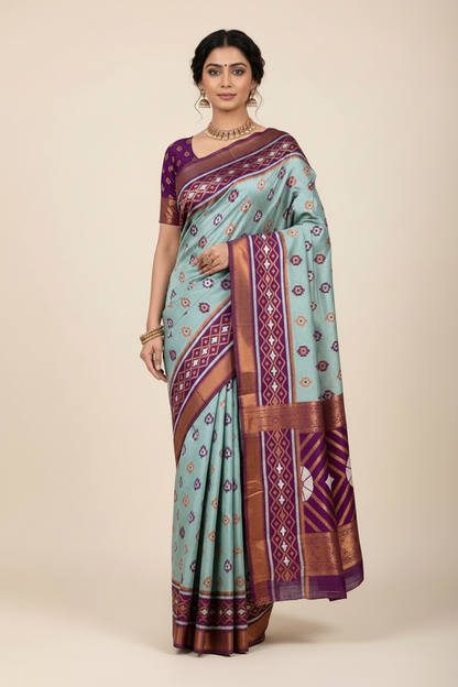Pochampalli Semi Silk Saree Sky Blue Colour with Magenta Border
