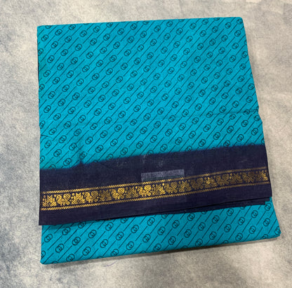 9 yards Cotton Saree Rama Green Colour with Navy Blue Border