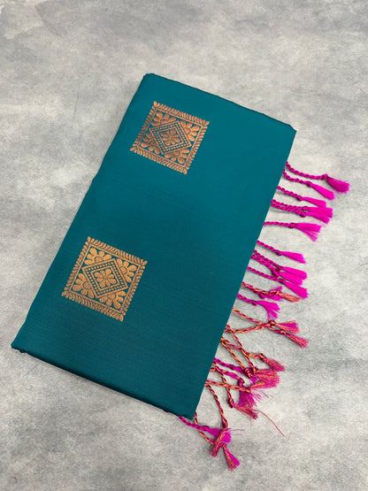 Soft Vegan Silk Saree Rama Green Colour with Pink and Copper Border