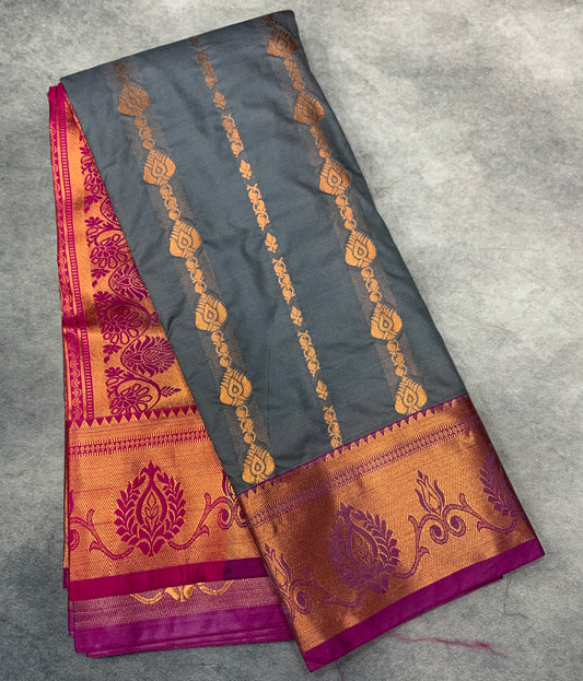 Soft Silk Casual Saree Gray Colour with Pink Colour and Copper Zari Border