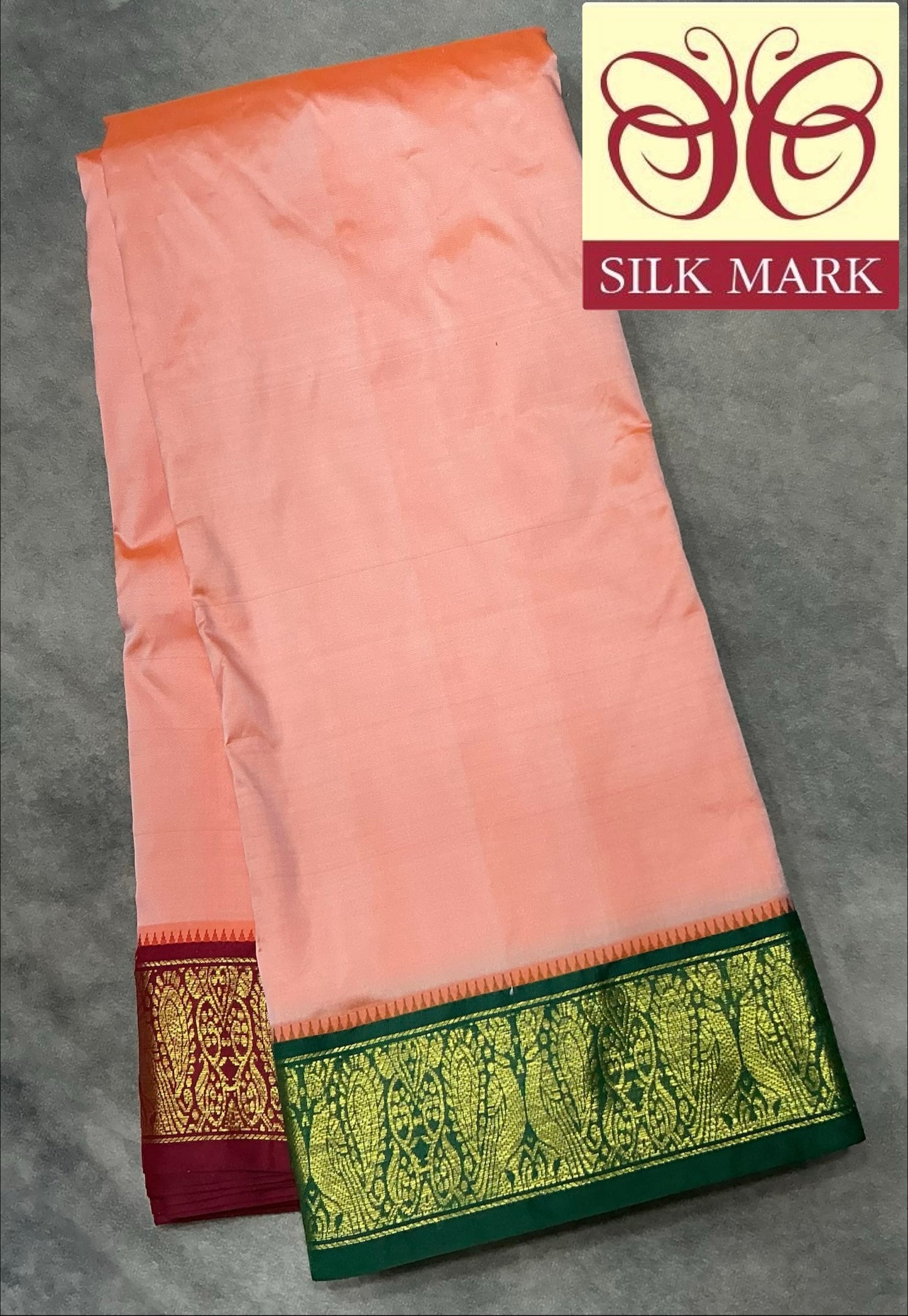 9X5 Pure Silk Dhoti Peach Colour with Green and Maroon Ganga Jamuna Border