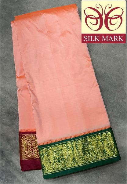 9X5 Pure Silk Dhoti Peach Colour with Green and Maroon Ganga Jamuna Border