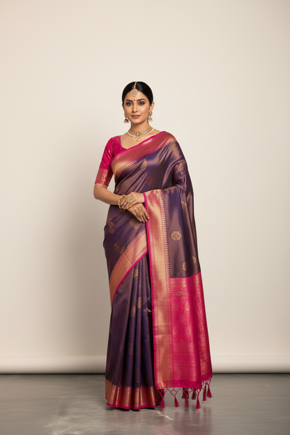 Soft Silk Saree Navy Pink Colour with Pink Colour Pallu