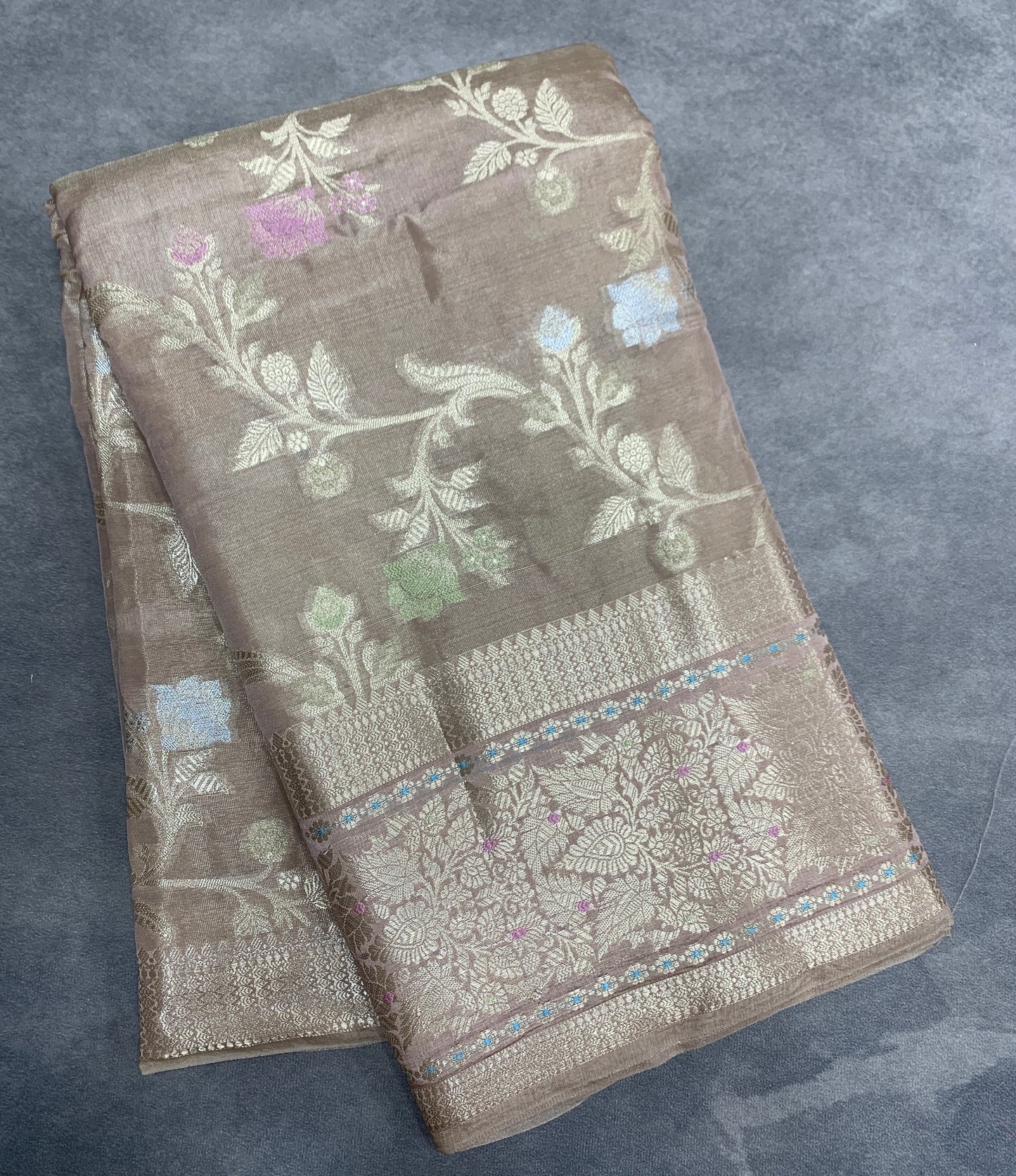 Meenakari Banaras Tissue Silk Saree light brown Colour