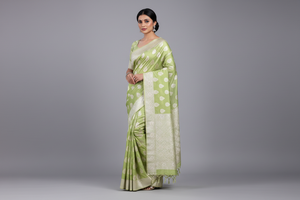 Banaras Katan Saree Apple Green Colour with Katan Work Border