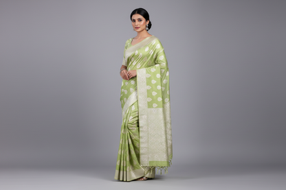 Banaras Katan Saree Apple Green Colour with Katan Work Border