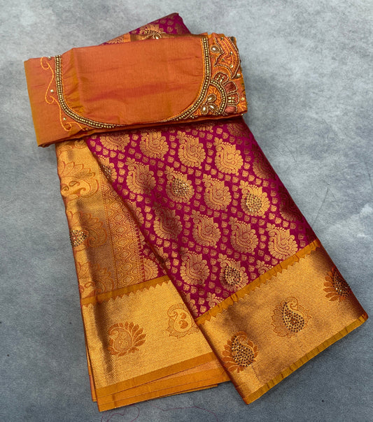 Bridal Vegan Silk Saree Pink shade with Golden Yellow Border with Unstitched blouse in Aari work